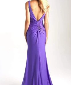 Madison James - 20-317 Ruched Plunging V-Neck Dress With Slit