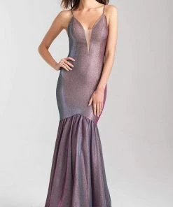 Madison James - 20-355 Deep V-neck Glitter Jersey Trumpet Dress Formal Gowns