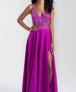 Madison James - 20-389 Beaded V-Neck High Slit Long Gown