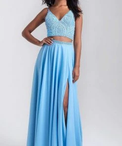 Madison James - 20-389 Beaded V-Neck High Slit Long Gown