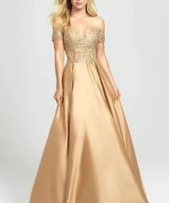 Madison James - Beaded Appliqued Off Shoulder Satin A-Line Gown 19-102 - 1 Pc White In Size 08 Available Formal Gowns