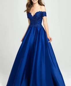 Madison James - Beaded Appliqued Off Shoulder Satin A-Line Gown 19-102 - 1 Pc White In Size 08 Available Formal Gowns