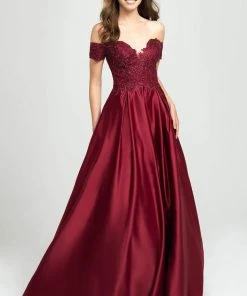 Madison James - Beaded Appliqued Off Shoulder Satin A-Line Gown 19-102 - 1 Pc White In Size 08 Available Formal Gowns