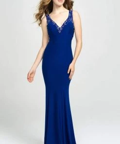 Madison James - Beaded Plunging V-Neck High Slit Gown 19-150 - 1 Pc Royal In Size 12 Available