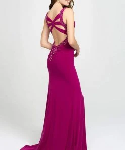 Madison James - Beaded Plunging V-Neck High Slit Gown 19-150 - 1 Pc Royal In Size 12 Available