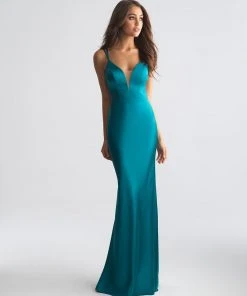 Formal Gowns Madison James - Deep V-neck Stretch Satin Sheath Dress 18-723 - 2 Pcs Teal In Size 6 And 8 Available