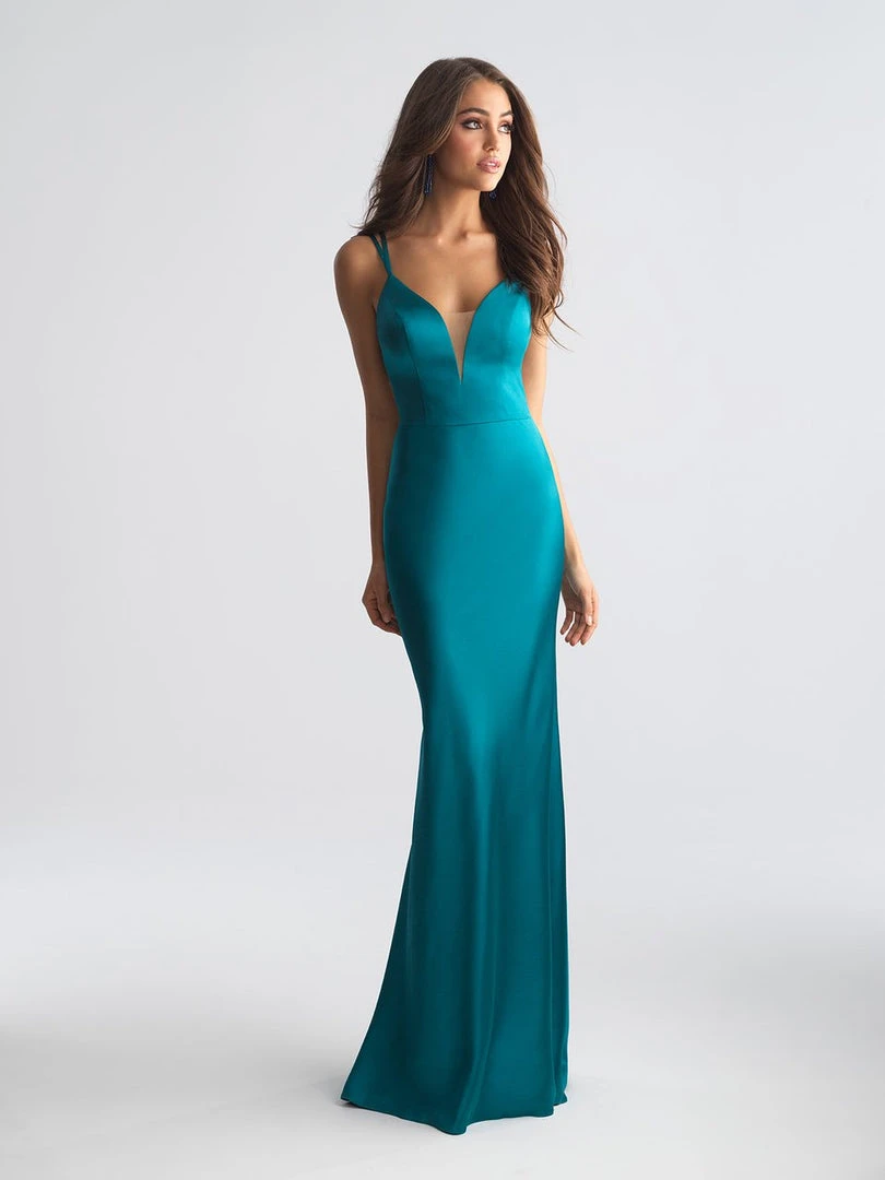 Formal Gowns Madison James - Deep V-neck Stretch Satin Sheath Dress 18-723 - 2 Pcs Teal In Size 6 And 8 Available 3 Formal Gowns Madison James - Deep V-neck Stretch Satin Sheath Dress 18-723 - 2 Pcs Teal In Size 6 And 8 Available