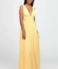 Madison James - Plunging Neck Empire Waist Chiffon A-Line Gown 19-193 - 1 Pc Yellow In Size 12 Available Formal Gowns