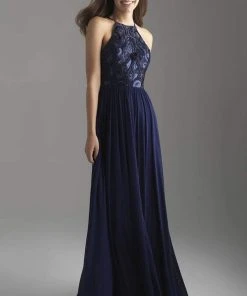 Madison James Sequin Embroidered Halter A-Line Evening Gown 18-605 - 1 Pc Navy In Size 2 Available Formal Gowns