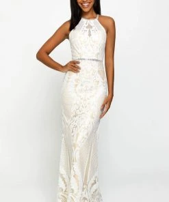 Madison James - Sequined Halter Trumpet Dress 19-173 - 1 Pc Ivory In Size 18 And 1 Pc Black In Size 24 Available Formal Gowns