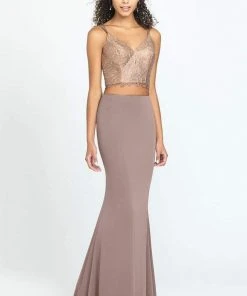 Madison James - Two Piece Beaded Jersey Trumpet Dress 19-167 - 1 Pc Peach In Size 00 Available Formal Gowns