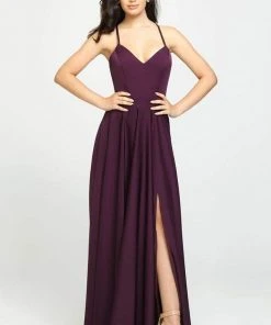 Madison James - V-Neck Sleeveless Stretch Satin A-Line Gown 19-178 - 1 Pc Purple In Size 24 Available Formal Gowns