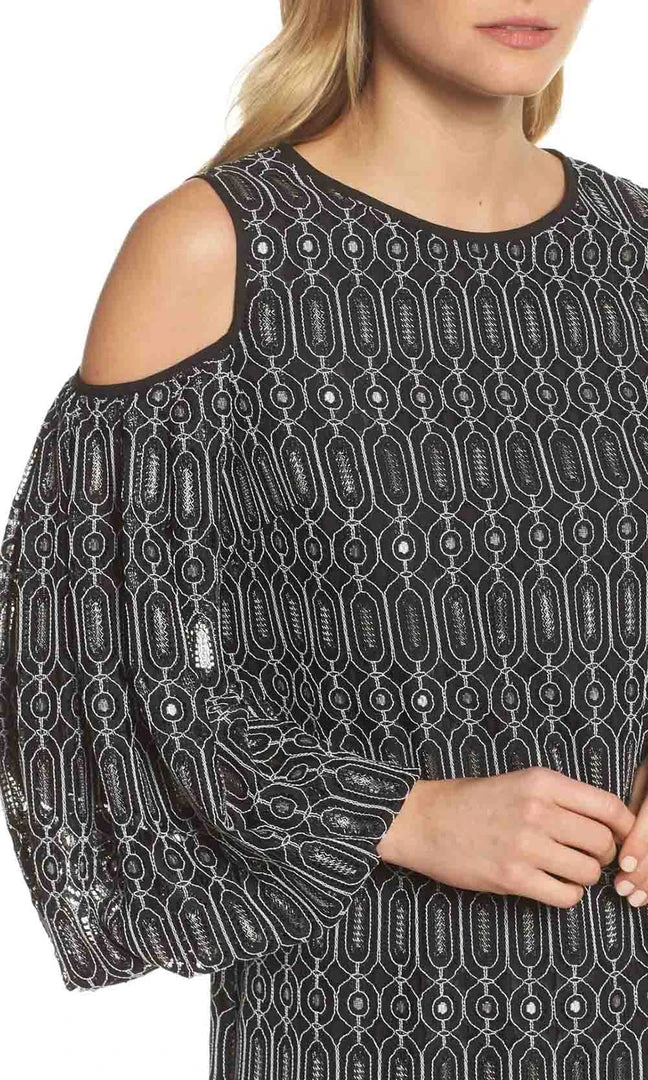 Maggy London - G3231M Cold Shoulder Bishop Sleeve Geo-Lace Print Dress 6 Maggy London - G3231M Cold Shoulder Bishop Sleeve Geo-Lace Print Dress