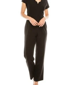 Maggy London - G3823M Scalloped V-Neck Jumpsuit Prom Dresses