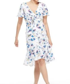 Maggy London - G4059M Flutter Sleeve Floral Print Wrap Skirt Dress