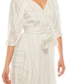 Maison Tara - 91053M Tea Length Pinstripe Print A-Line Dress