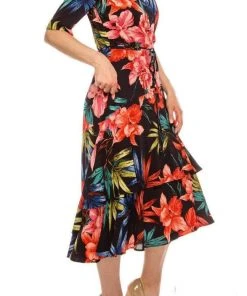 Cocktail Dresses Maison Tara - 91071M Short Sleeve Floral Print A-Line Dress