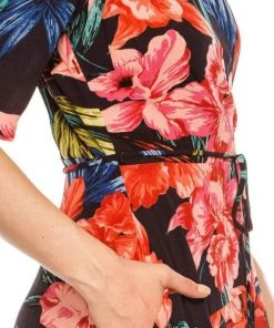 Cocktail Dresses Maison Tara - 91071M Short Sleeve Floral Print A-Line Dress