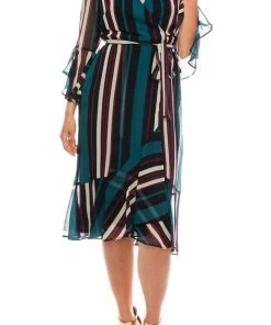 Maison Tara - 91116M Tea Length Stripe Wrap Chiffon Dress 12 Maison Tara - 91116M Tea Length Stripe Wrap Chiffon Dress