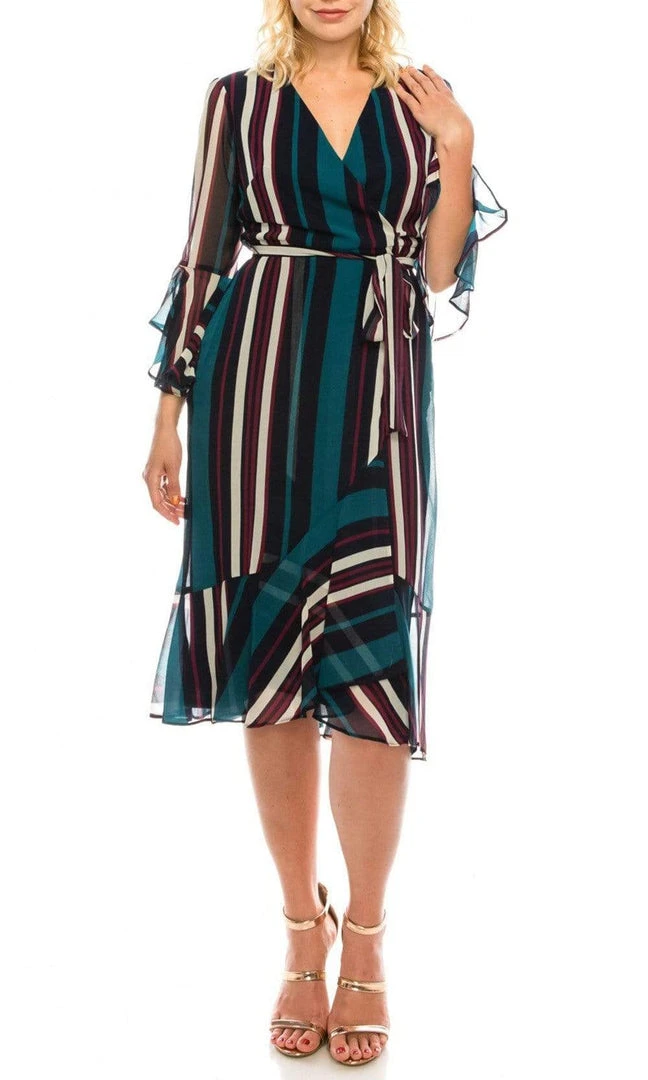 Maison Tara - 91116M Tea Length Stripe Wrap Chiffon Dress 7 Maison Tara - 91116M Tea Length Stripe Wrap Chiffon Dress