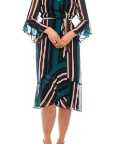 Maison Tara - 91116M Tea Length Stripe Wrap Chiffon Dress 10 Maison Tara - 91116M Tea Length Stripe Wrap Chiffon Dress