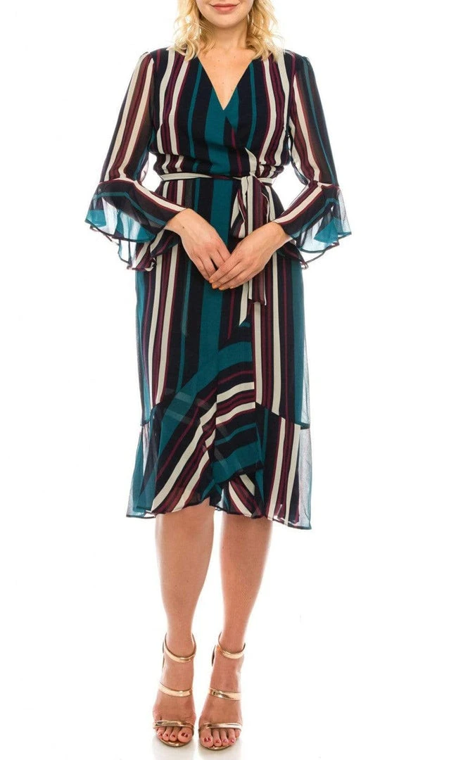 Maison Tara - 91116M Tea Length Stripe Wrap Chiffon Dress 5 Maison Tara - 91116M Tea Length Stripe Wrap Chiffon Dress