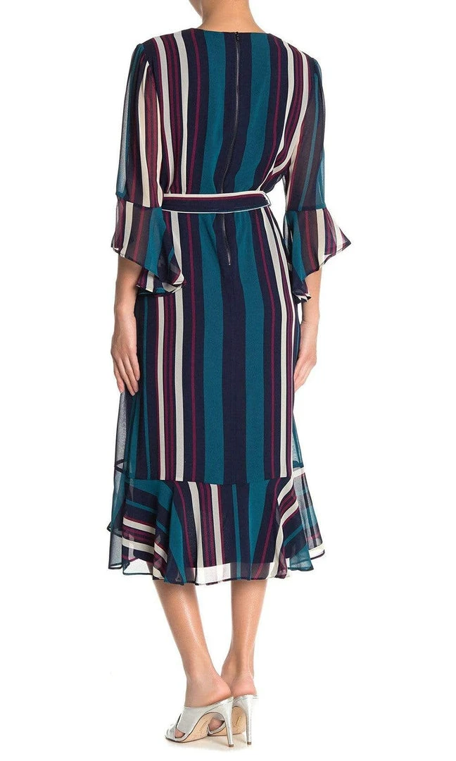 Maison Tara - 91116M Tea Length Stripe Wrap Chiffon Dress 4 Maison Tara - 91116M Tea Length Stripe Wrap Chiffon Dress