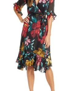 Maison Tara - 91125M Tea Length Floral Metallic Wrap Style Dress Cocktail Dresses