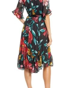 Maison Tara - 91125M Tea Length Floral Metallic Wrap Style Dress Cocktail Dresses