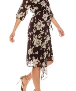 Maison Tara - 91136M Tea Length Floral Faux Wrap Style Dress Cocktail Dresses