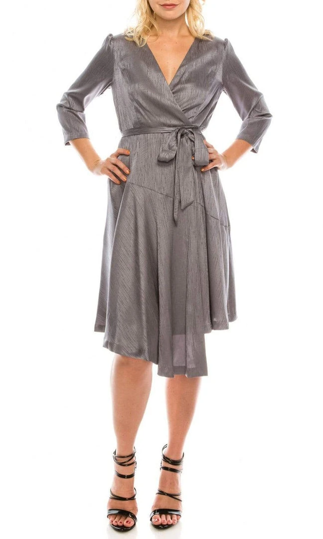 Maison Tara - 91143M Three Quarter Sleeve Twill Faux Wrap Dress Cocktail Dresses 3 Maison Tara - 91143M Three Quarter Sleeve Twill Faux Wrap Dress Cocktail Dresses