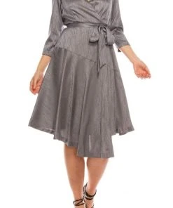 Maison Tara - 91143M Three Quarter Sleeve Twill Faux Wrap Dress Cocktail Dresses 16 Maison Tara - 91143M Three Quarter Sleeve Twill Faux Wrap Dress Cocktail Dresses