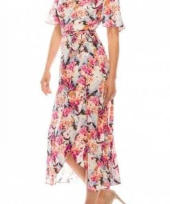 Maison Tara - 91283M Tea Length Flutter Sleeve Floral Dress Cocktail Dresses