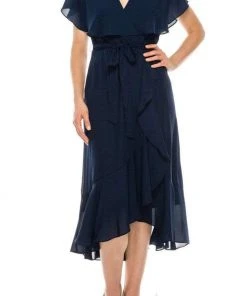 Maison Tara - 95071M Cape Sleeved Illusion Wrap Ruffle Dress