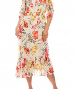 Maison Tara - 95084M Ruffle Trimmed Sleeve Tie Notch A-Line Dress