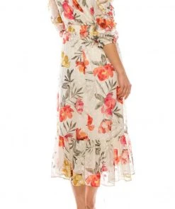 Maison Tara - 95084M Ruffle Trimmed Sleeve Tie Notch A-Line Dress