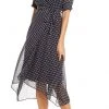 Maison Tara - 95109M Tea Length Polkadot Faux Wrap Dress