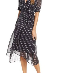 Maison Tara - 95109M Tea Length Polkadot Faux Wrap Dress