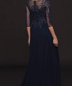 Marsoni By Colors - Illusion Bateau Adorned Quarter Sleeve Dress M214 - 1 Pc Eggplant In Size 14, 1 Pc Navy In Size 14 Available