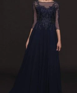 Marsoni By Colors - Illusion Bateau Adorned Quarter Sleeve Dress M214 - 1 Pc Eggplant In Size 14, 1 Pc Navy In Size 14 Available