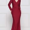 Marsoni By Colors - M257 Long Sleeve V-neck Satin Trumpet Dress Formal Gowns