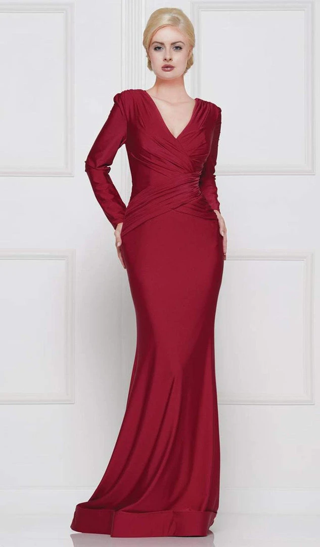 Marsoni By Colors - M257 Long Sleeve V-neck Satin Trumpet Dress Formal Gowns 3 Marsoni By Colors - M257 Long Sleeve V-neck Satin Trumpet Dress Formal Gowns