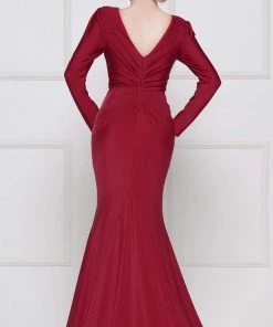 Marsoni By Colors - M257 Long Sleeve V-neck Satin Trumpet Dress Formal Gowns 5 Marsoni By Colors - M257 Long Sleeve V-neck Satin Trumpet Dress Formal Gowns