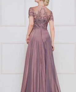 Marsoni By Colors - M274 Short Sleeve Embroidered Illusion Jewel Gown