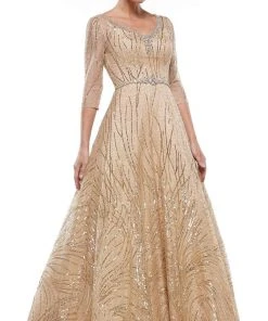 Formal Gowns Marsoni By Colors - MV1020 Sequined Quarter Length Sleeve A-line Gown