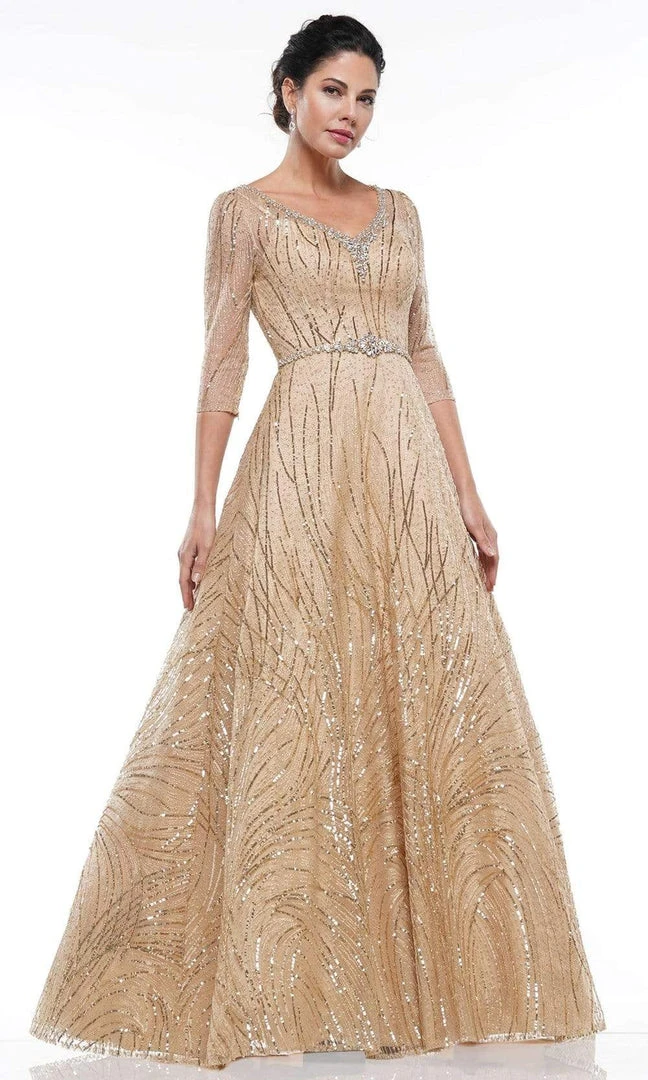 Formal Gowns Marsoni By Colors - MV1020 Sequined Quarter Length Sleeve A-line Gown 3 Formal Gowns Marsoni By Colors - MV1020 Sequined Quarter Length Sleeve A-line Gown
