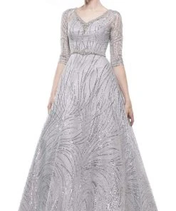 Formal Gowns Marsoni By Colors - MV1020 Sequined Quarter Length Sleeve A-line Gown 6 Formal Gowns Marsoni By Colors - MV1020 Sequined Quarter Length Sleeve A-line Gown