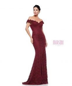 Marsoni By Colors - Off Shoulder Sheath Lace Gown M221 - 1 Pc Wine In Size 8 Available Formal Gowns