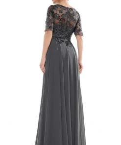 Formal Gowns Marsoni By Colors - Sheer Quarter Sleeved Boat Neck Beaded Chiffon A-line Dress M286