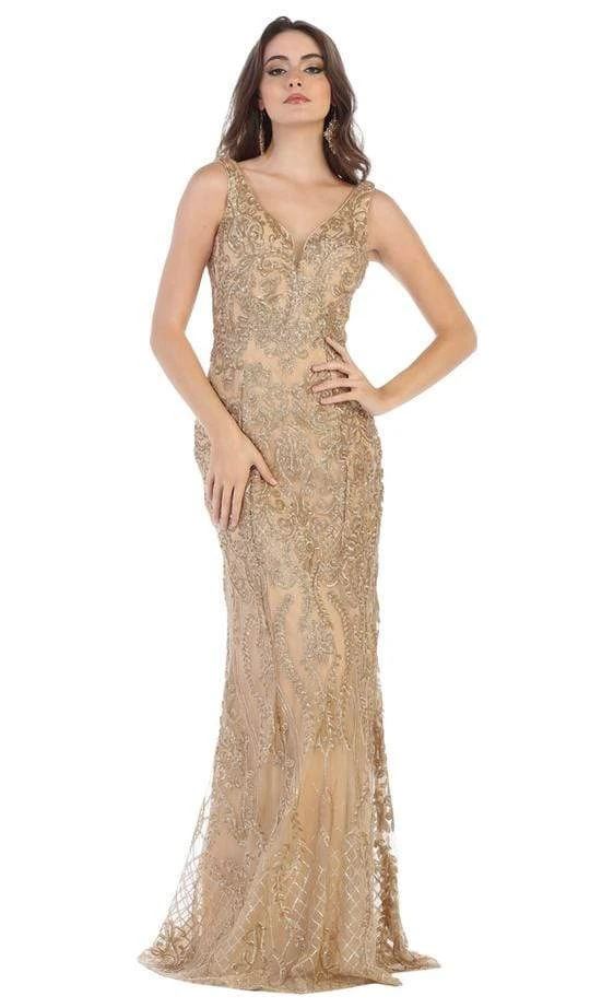 Formal Gowns May Queen - Applique V-neck Trumpet Evening Gown RQ7662 - 1 Pc Gold In Size 8 Available 3 Formal Gowns May Queen - Applique V-neck Trumpet Evening Gown RQ7662 - 1 Pc Gold In Size 8 Available
